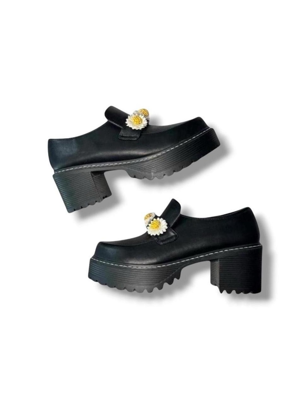 Koi Footwear Black Faux Leather Primrose Flower Chunky Heel Platform Loafers 9